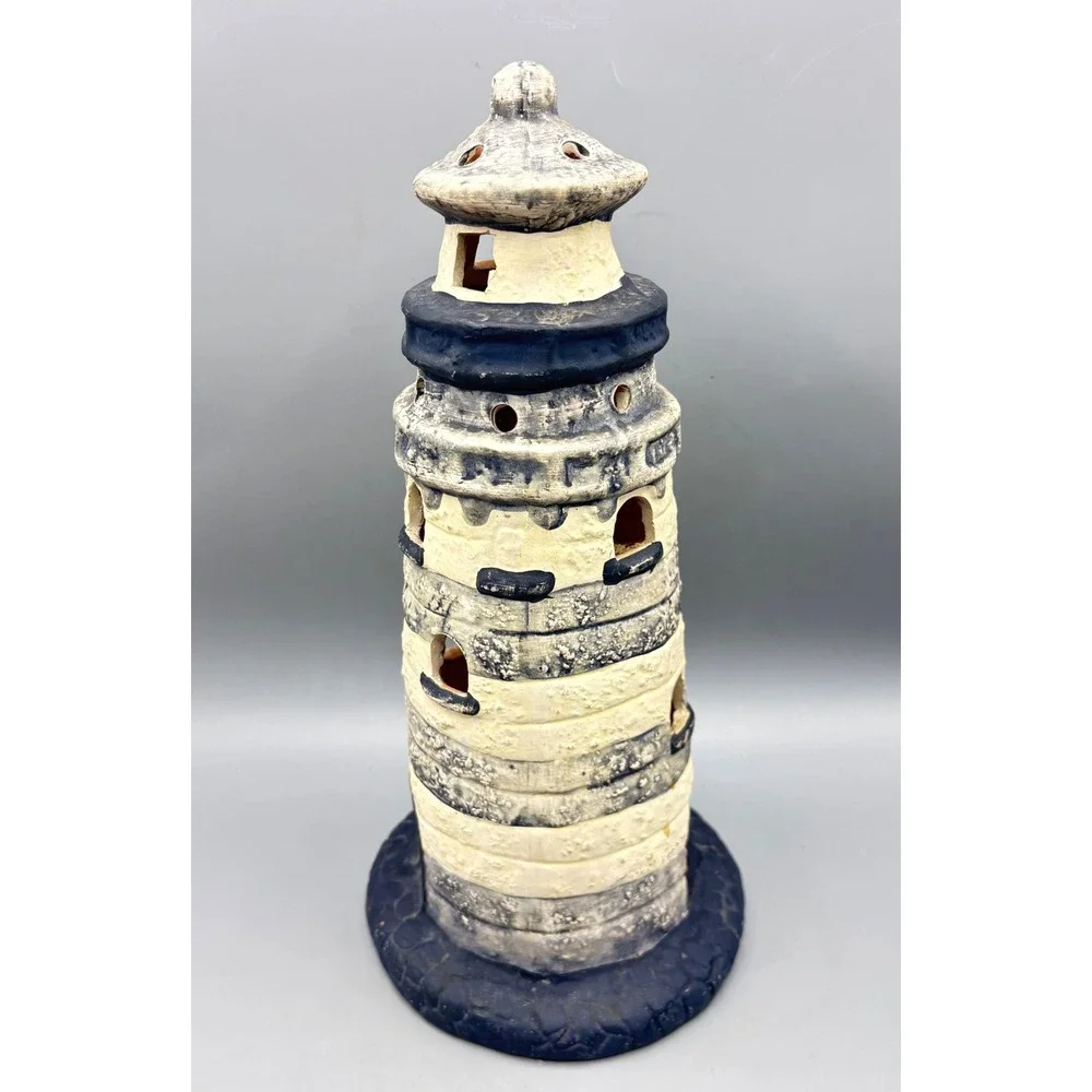 Nautical Coastal Ceramic Lighthouse Candle Holder Tealight Lantern Terracotta‎